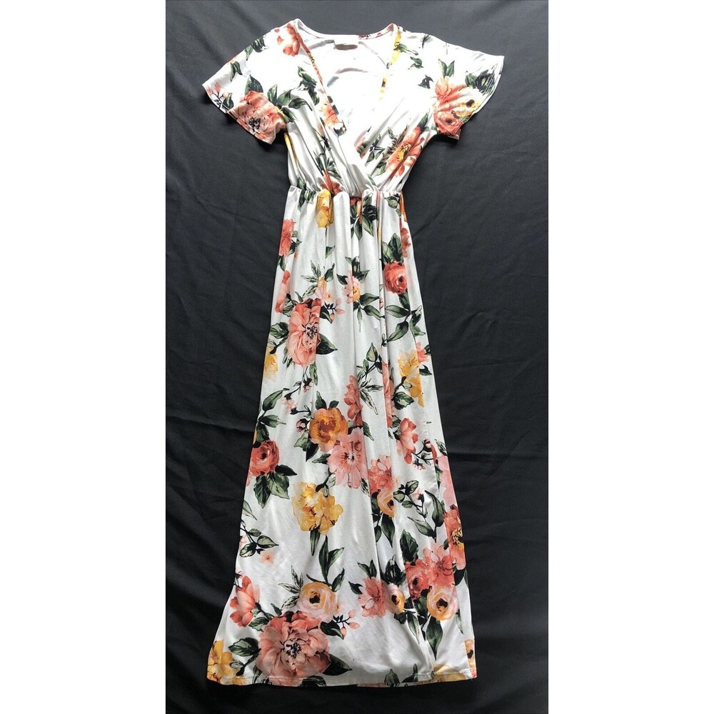 Minette Womens Maxi Dress Size Large Floral Print V Neck Short Sleeve Flowy
